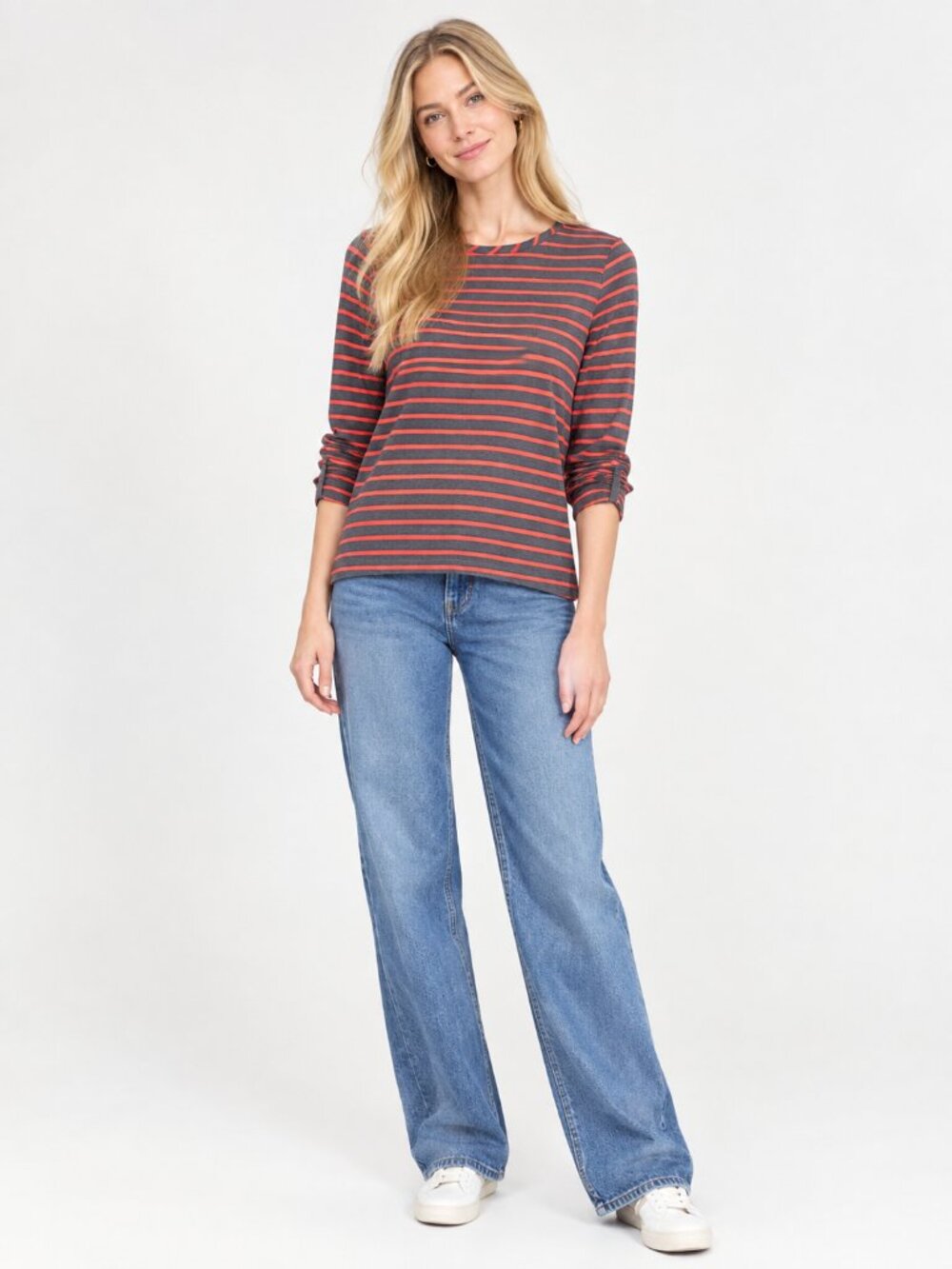 2/$30 Lands' End Striped Tab Sleeve Crew Neck T-Shirt Gray Orange XS #A4991